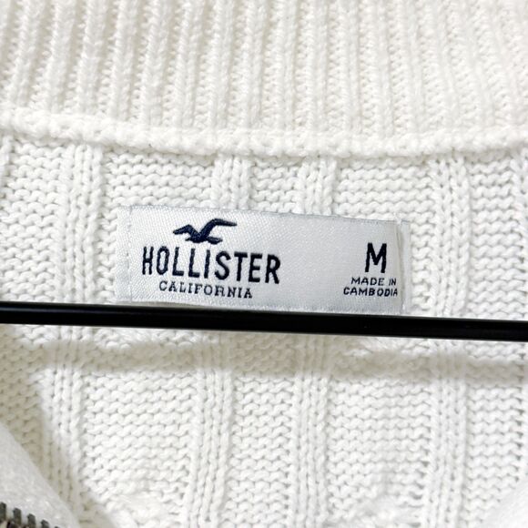 Hollister Cable Knit Striped Half Quarter Zip Oversized Collared Sweater Tan M - Picture 4 of 10